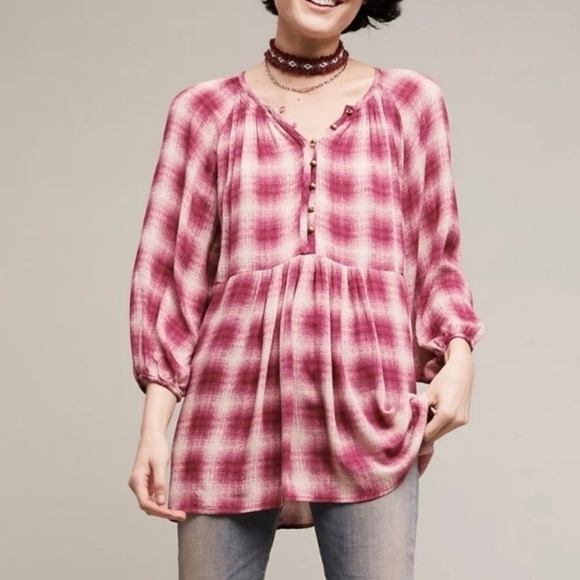 Maeve Calavan Plaid Oversized Three Quarter Sleeve Button Up Peplum Blouse Pink - Picture 15 of 15